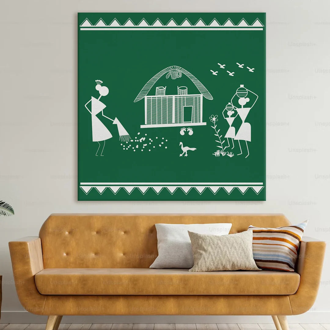 Forest Green, Warli Art, Framed Abstract Canvas Wall Art for Bedroom Eurotex
